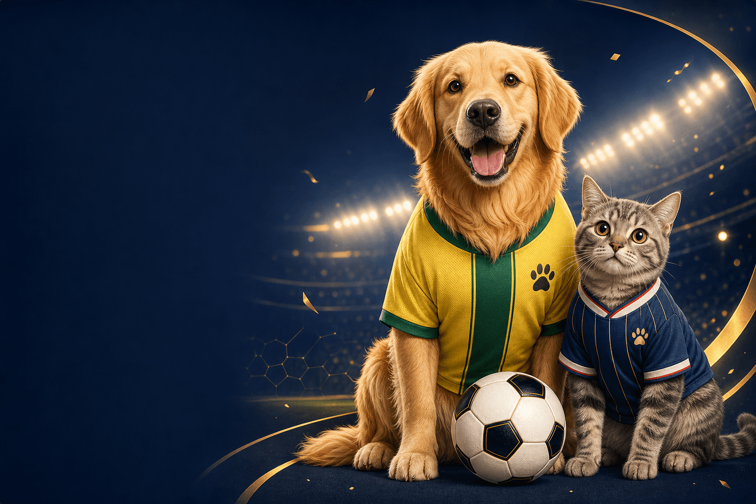 Dog and cat wearing football jerseys